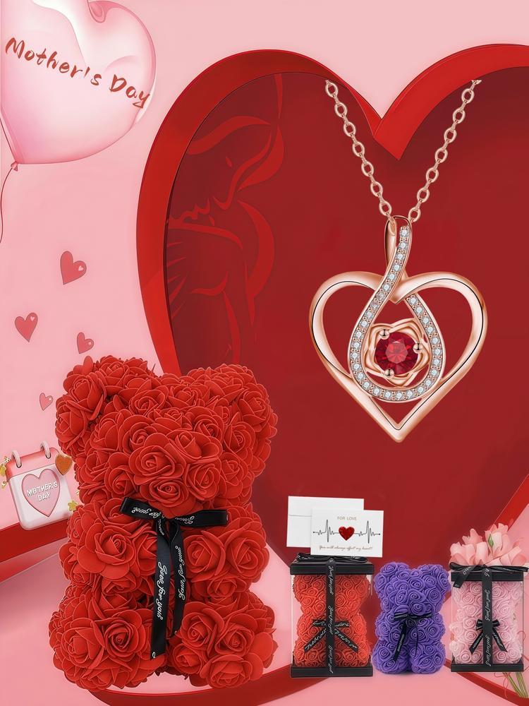 Rose Bear Gift Box, Including Bear Pendant Necklace & Artificial Rose Flower & Greeting Card & Gift Bag, Fashion Gift for Women & Girls