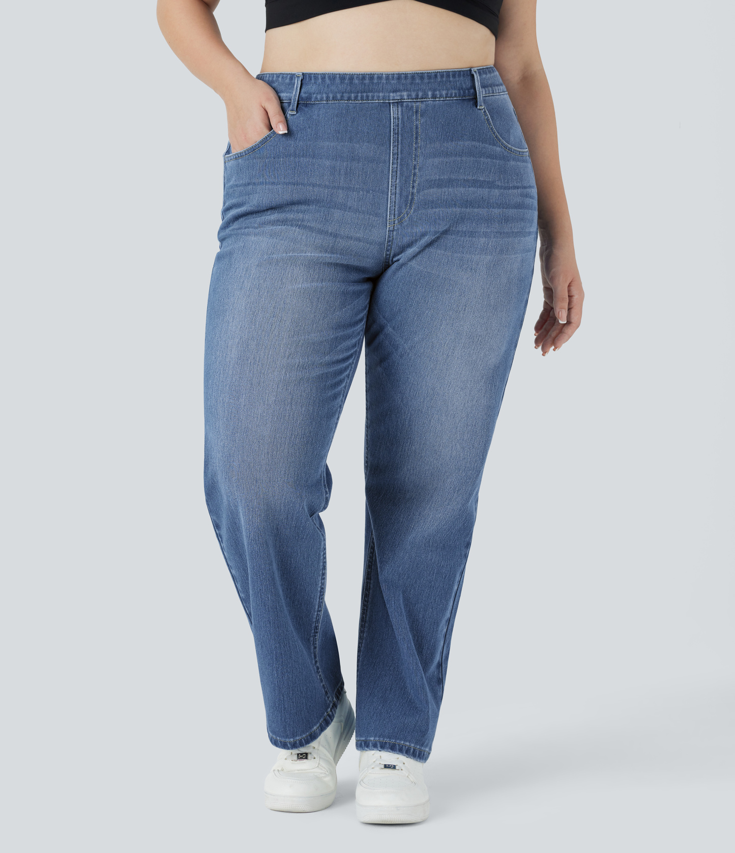 FlexHigh Waisted Pockets Straight Leg Washed Casual Plus Size Jeans