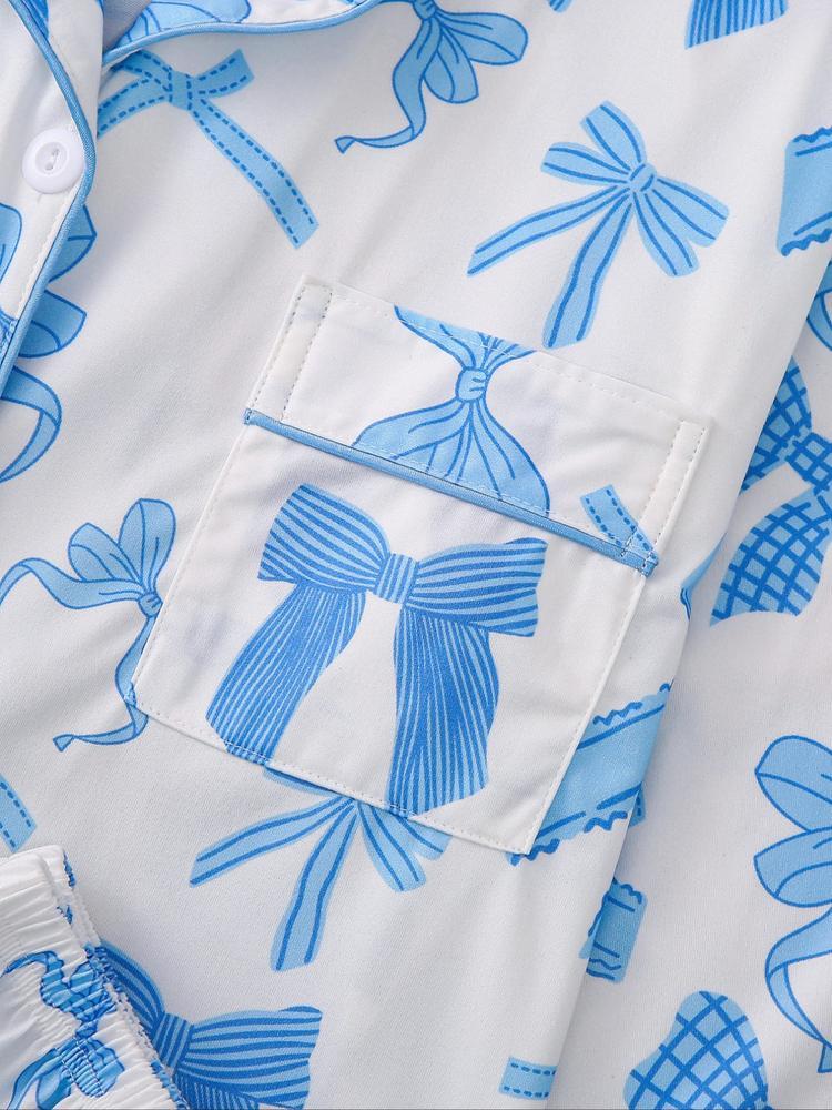 Women's 2-Piece Pajama Set, Bowknot Print, Holiday Party Sleepwear, Soft Shirt Collar Top & Elastic Pants, Casual Home Wear, Matching Pj Set