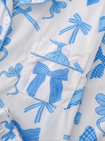 Women's 2-Piece Pajama Set, Bowknot Print, Holiday Party Sleepwear, Soft Shirt Collar Top & Elastic Pants, Casual Home Wear, Matching Pj Set