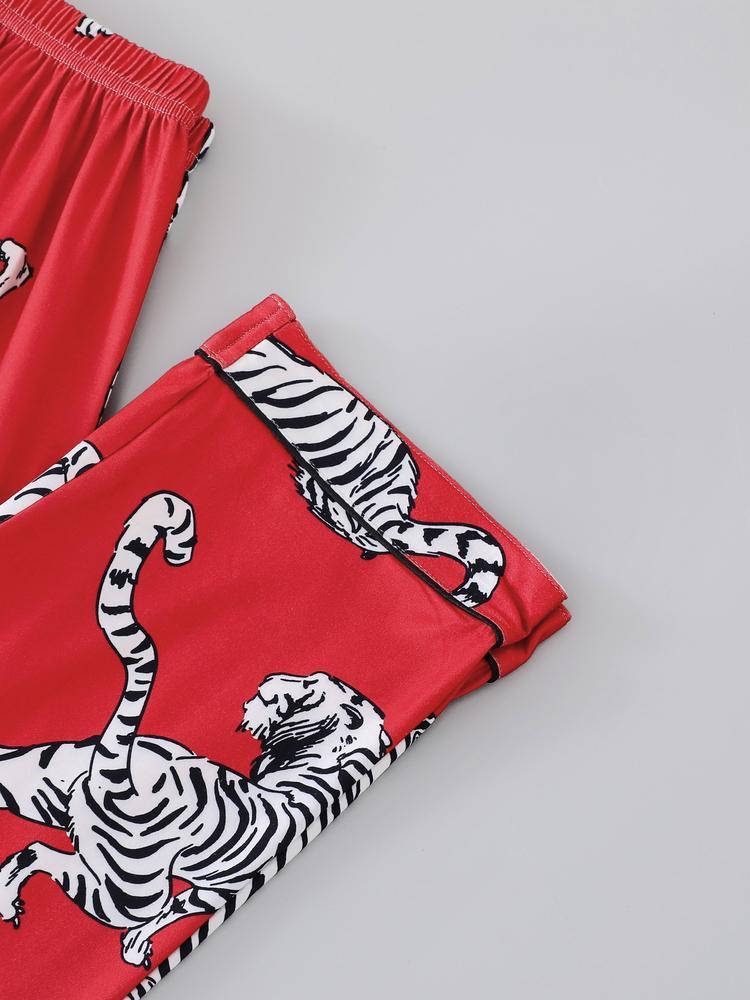 Women's Sleepwear Set, Tiger Animal Print, Elegant for Travel, Comfortable Lapel Short Sleeve Top & Wide Leg Pants, Casual Home Wear, Pajama Set