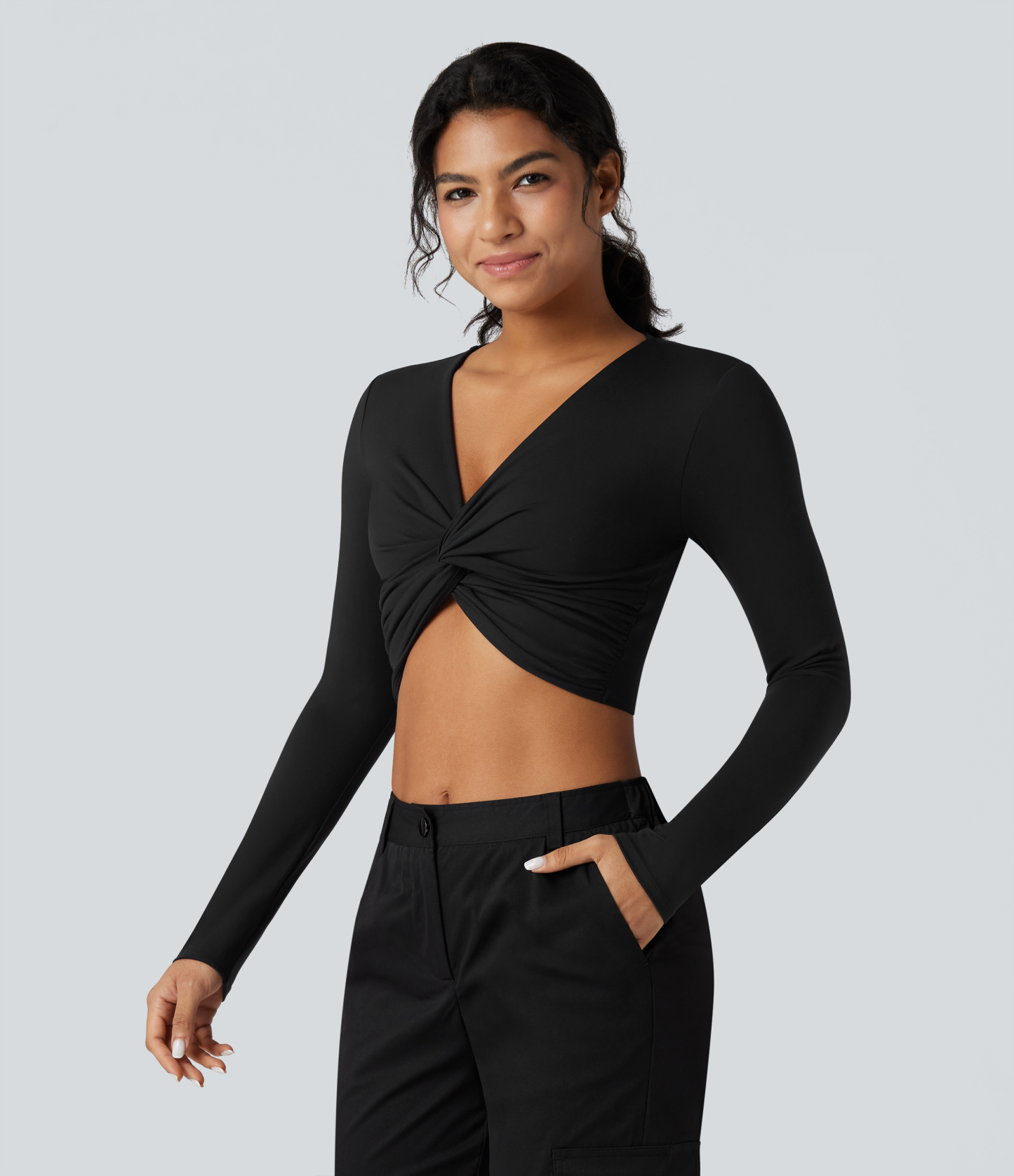 SoftlyZeroPlush Deep V-neck Long Sleeve Twisted Cropped Yoga Sports Top