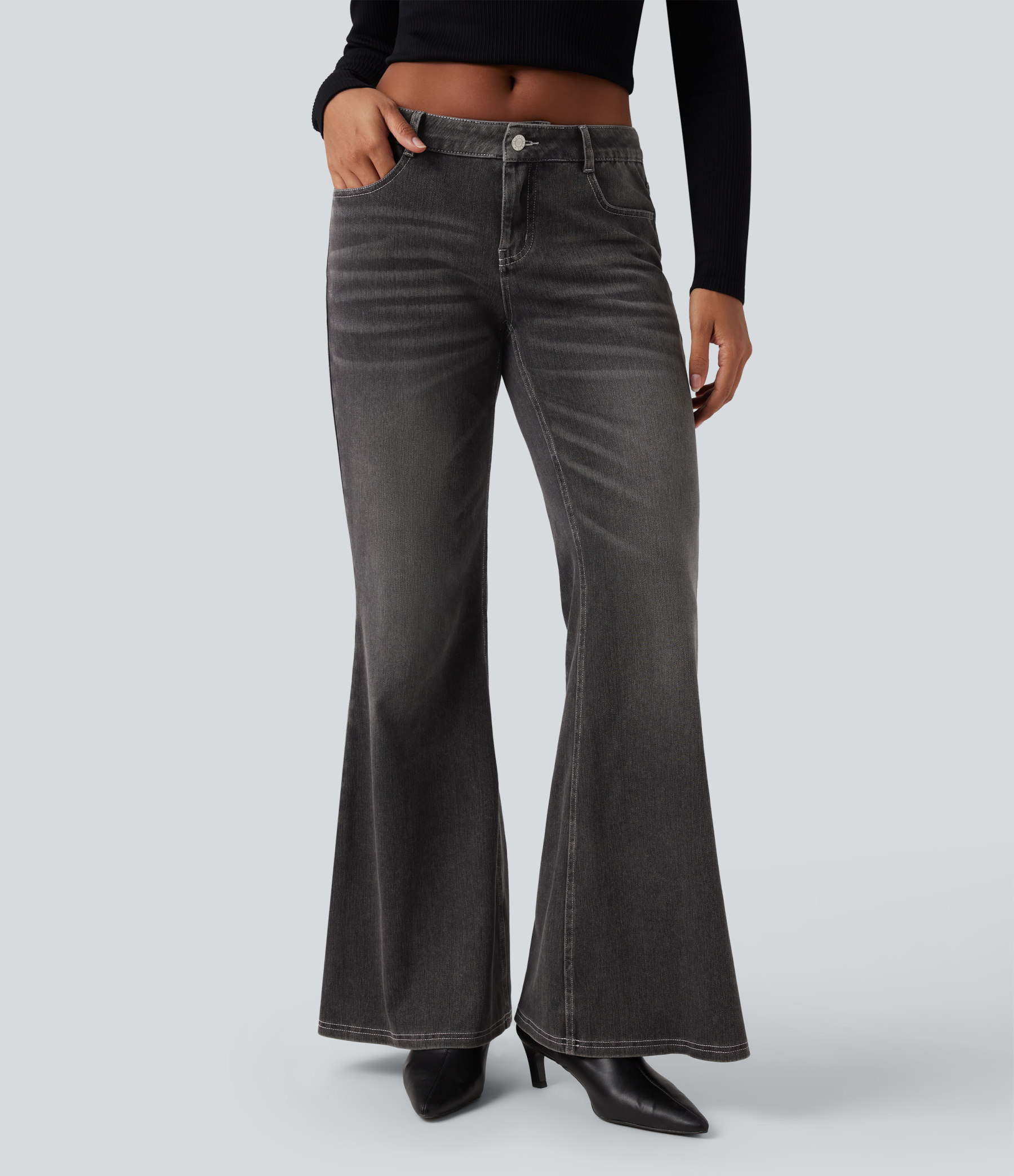 FlexLow Rise Flare Washed Casual Jeans with Pockets