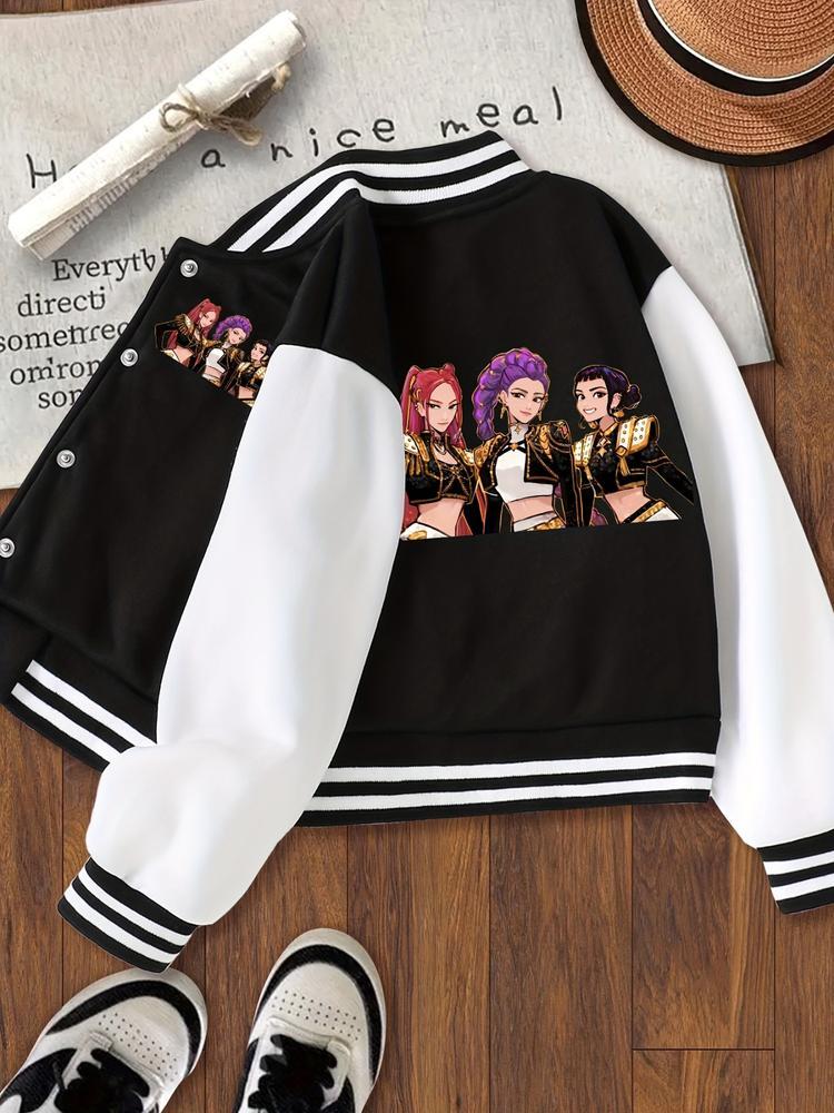 Girls' Halloween Christmas Short Baseball Jacket Coat, Cool Devil Cartoon Design, Elastic Fabric, Fitted Style, Fall Winter Outdoor Sports Wear, Teen Titans Jackets