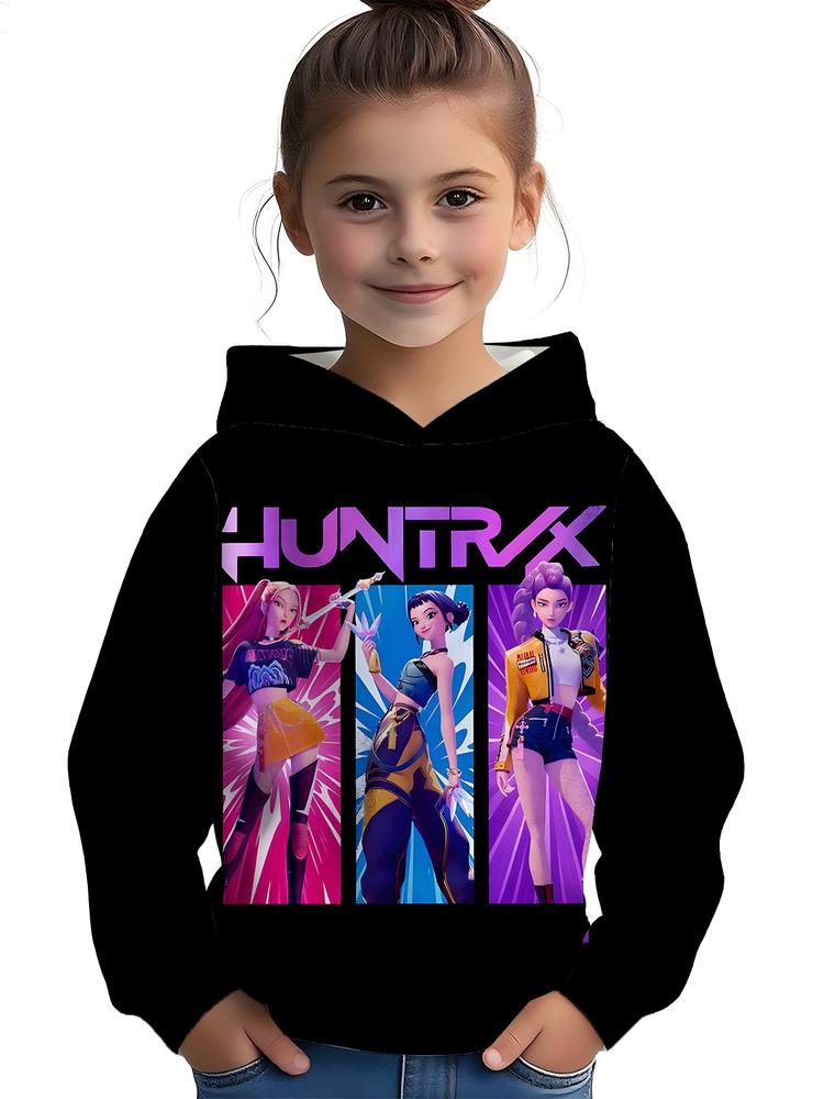 Girls Kpop Demon Hunters Hoodie, Casual Fall Winter Sportswear, Fitted Random Print Design, Durable Outdoor Activities, Christmas Gift
