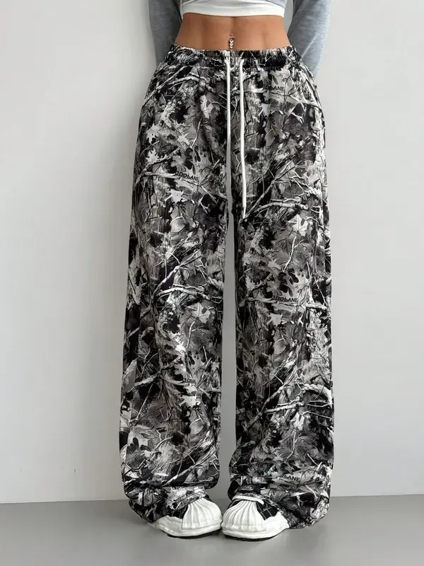 Women's Colorblock / Letter / All Over Print Drawstring Waist Wide Leg Sweatpants, Casual Pocket Trousers for Fall & Winter, Women's Bottoms for Daily Wear