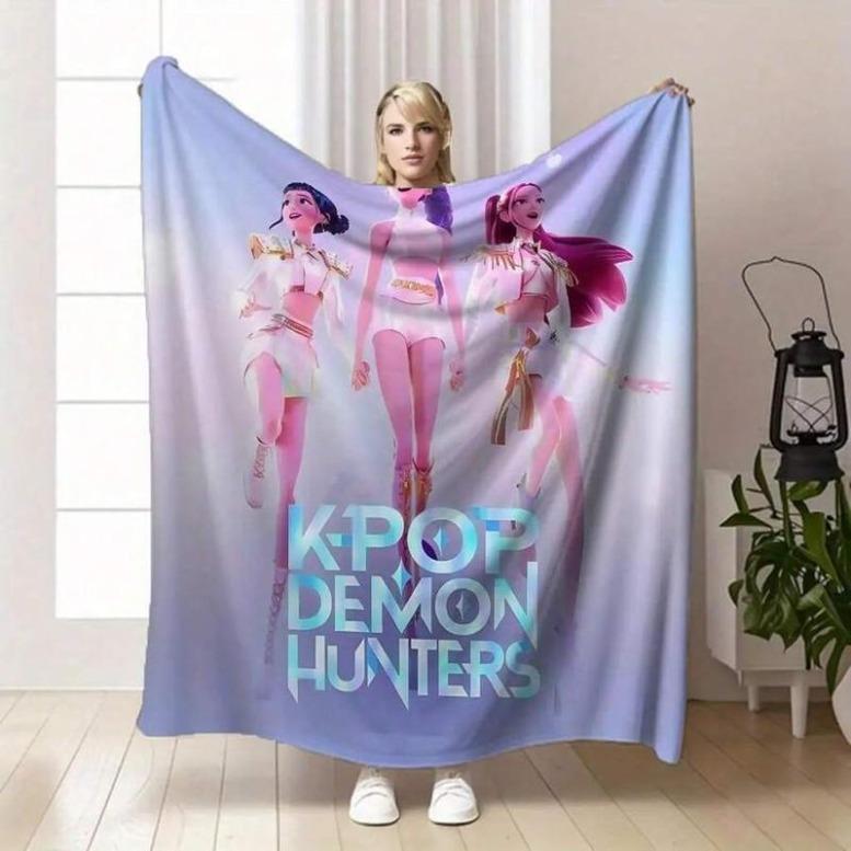 K-POP DEMON HUNTERS Stylized Trio Flannel Blanket - All-Season Comfort Multi-Purpose Printed Throw, Suitable For Sofa, Bed,K-POP Demon Hunters Merch,Zoey,Mira,Rumi,Huntrix,Sajaboys,Gift For Kids, Gift For Men & Women, K-POP Demon Hunters Merch