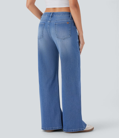 FlexLow Rise Zipper Pockets Baggy Wide Leg Flare Washed Casual Jeans