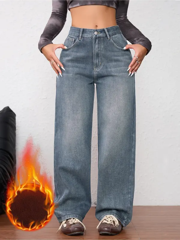 Women's Vintage Fleece-Lined Thickened Fall Winter Wide Leg Jeans, Elegant Comfortable Casual Trendy Straight Washed Denim Pants
