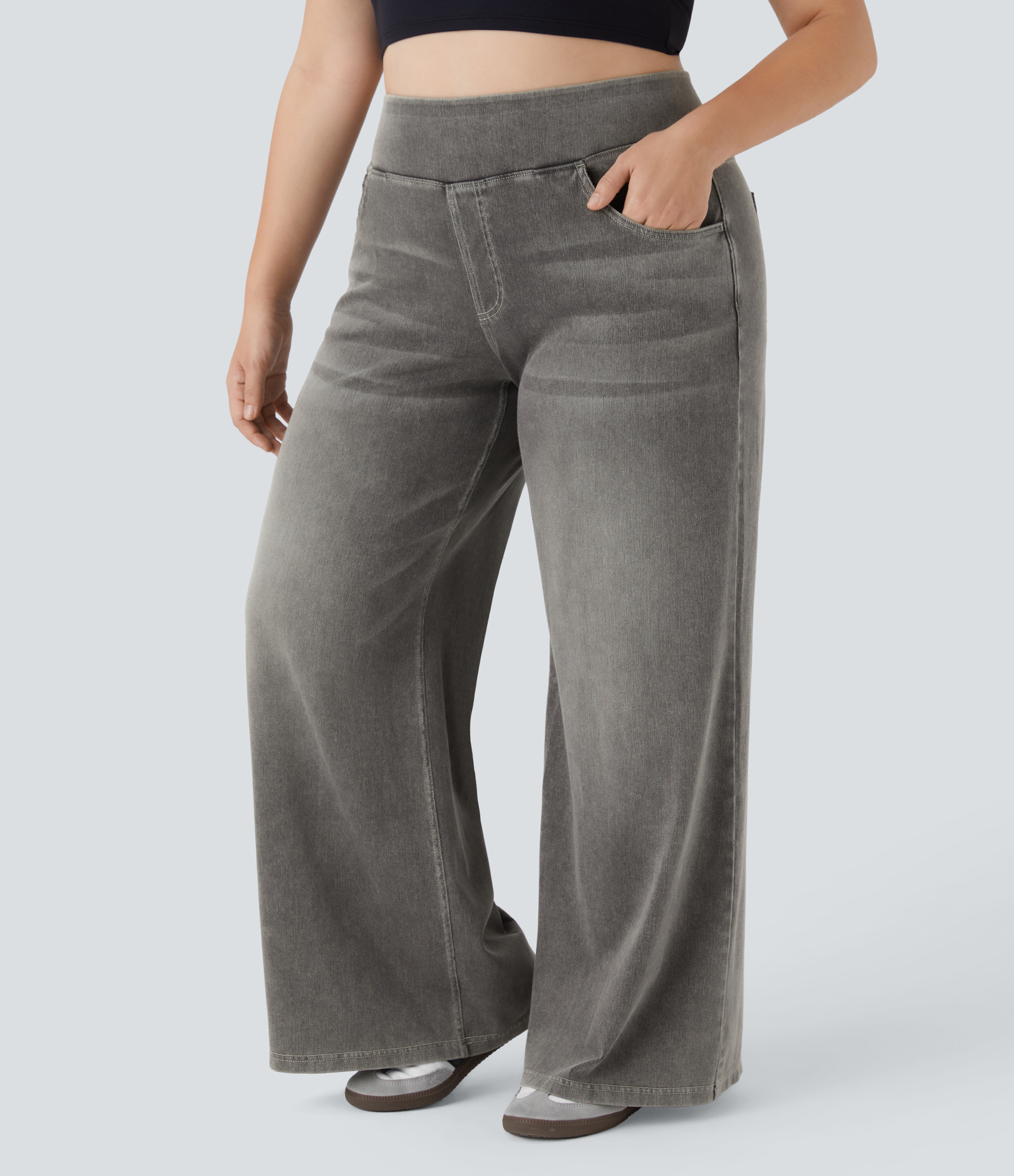 FlexHigh Waisted Pockets Baggy Wide Leg Washed Casual Plus Size Jeans