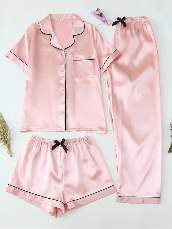 Women's Satin Sleepwear Set, 3-Piece Pajama with Button Front Top & Bow Shorts, Casual Home Wear for Women