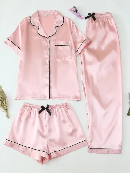 Women's Satin Sleepwear Set, 3-Piece Pajama with Button Front Top & Bow Shorts, Casual Home Wear for Women