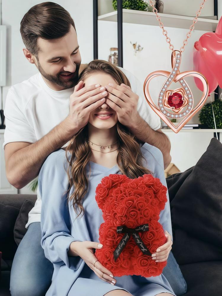 Rose Bear Gift Box, Including Bear Pendant Necklace & Artificial Rose Flower & Greeting Card & Gift Bag, Fashion Gift for Women & Girls