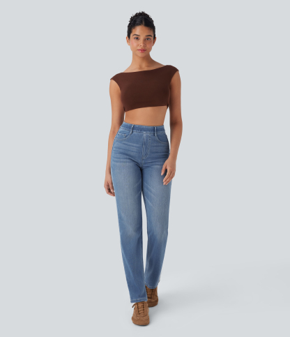 FlexHigh Waisted Pockets Straight Leg Washed Casual Jeans