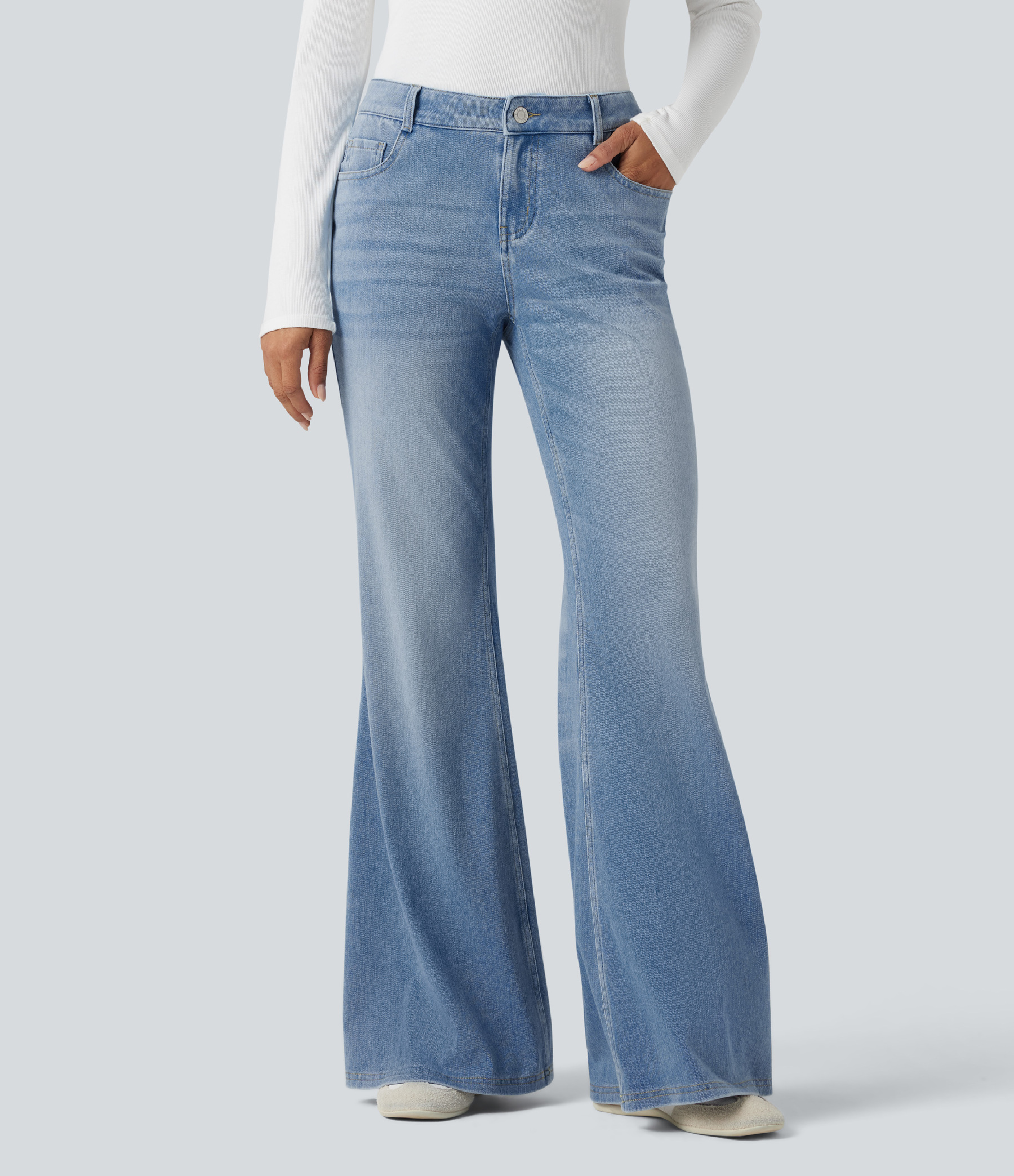 FlexLow Rise Flare Washed Casual Jeans with Pockets