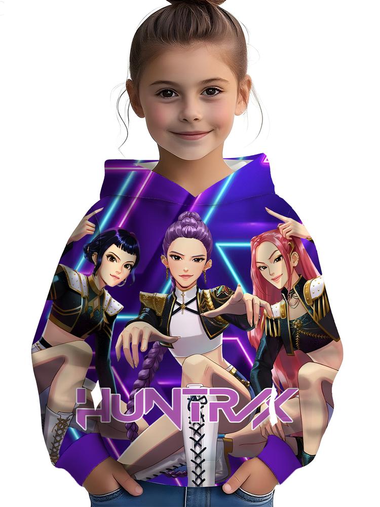 Girls Kpop Demon Hunters Series Stage Style Hoodie, Casual Fall Winter Sportswear, Durable Random Print Design, Christmas Gift