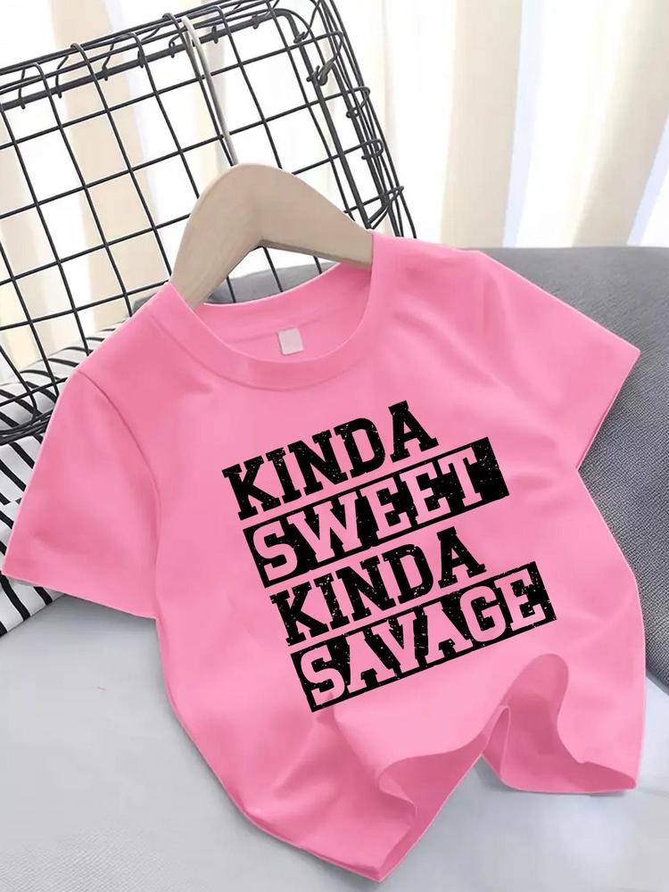 Girls Summer Fashion Creative Letter Pattern Printed Short Sleeve T-Shirt, Perfect for Outdoor Activities and Casual Comfort