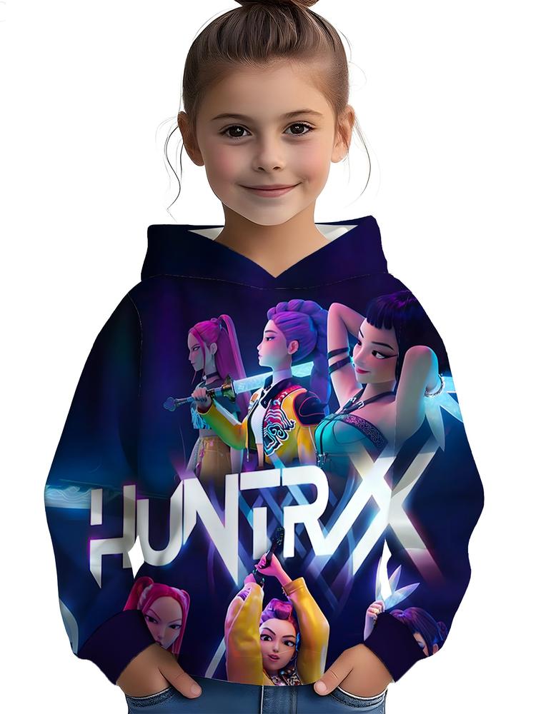 Girls Kpop Demon Hunters Graphic Print Hoodie Set, Casual Fall Winter Sportswear, Fitted Random Print Design, Durable Outdoor Activities, Christmas Gift