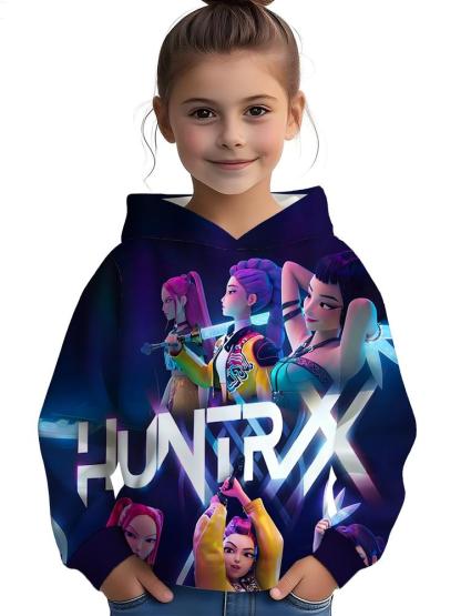 Girls Kpop Demon Hunters Graphic Print Hoodie Set, Casual Fall Winter Sportswear, Fitted Random Print Design, Durable Outdoor Activities, Christmas Gift