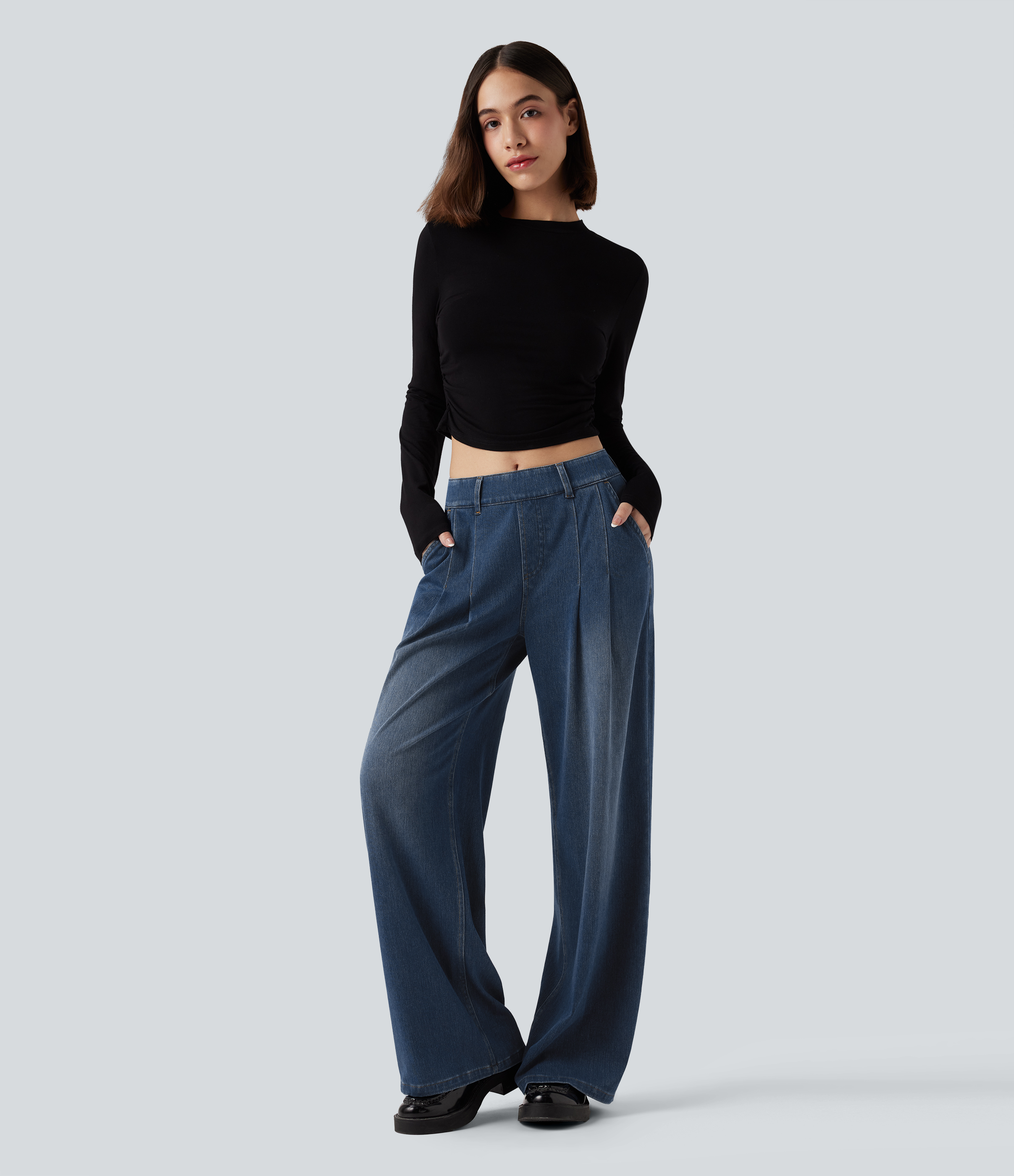 FlexMid Rise Wide Leg Casual Jeans with Pockets