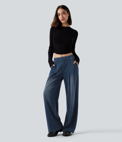 FlexMid Rise Wide Leg Casual Jeans with Pockets