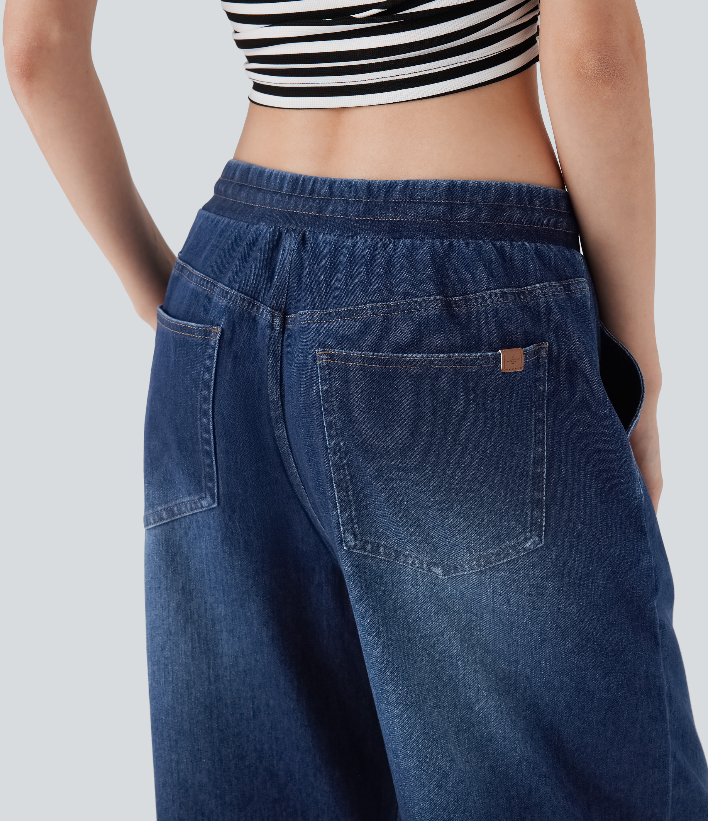 FlexLow Rise Drawstring Stretchy Knit Casual Baggy Sweatpants Jeans with Multiple Pockets