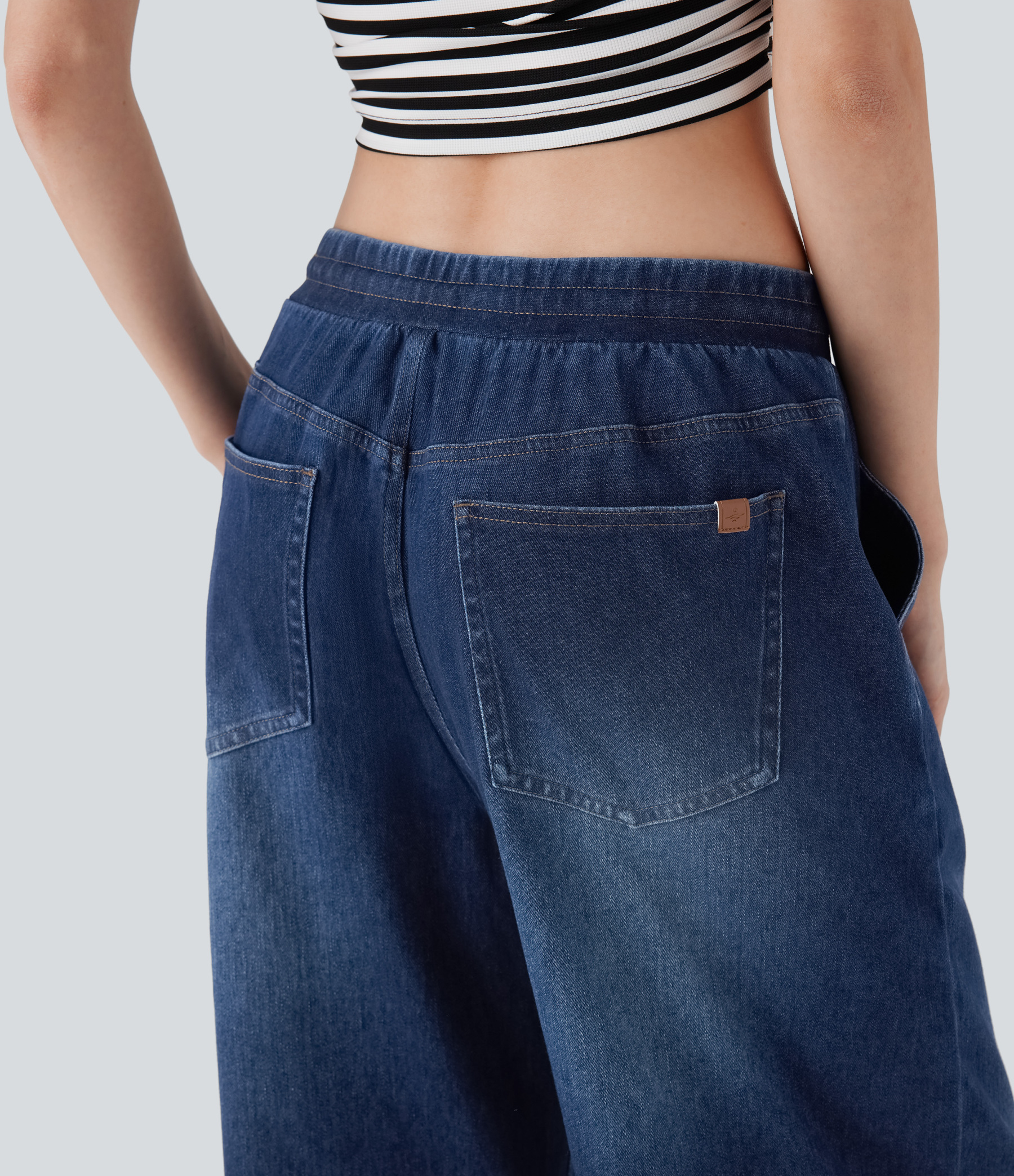 FlexLow Rise Drawstring Stretchy Knit Casual Baggy Sweatpants Jeans with Multiple Pockets