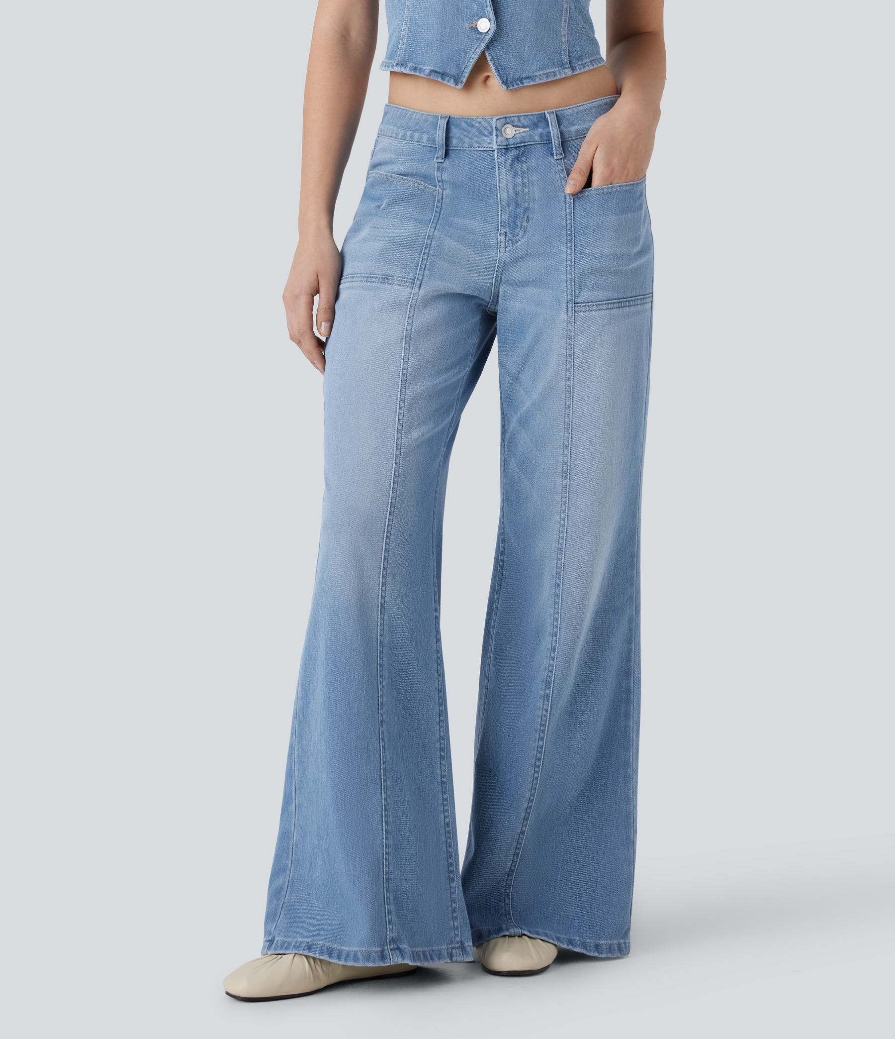 FlexLow Rise Zipper Pockets Baggy Wide Leg Flare Washed Casual Jeans