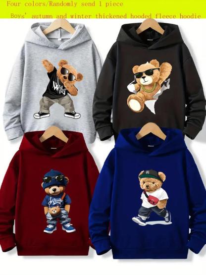Boys' Cartoon Bear Print Hoodie, Comfortable Long Sleeve Pullover for Spring & Fall, Casual Fitted Design, Random Style Sent