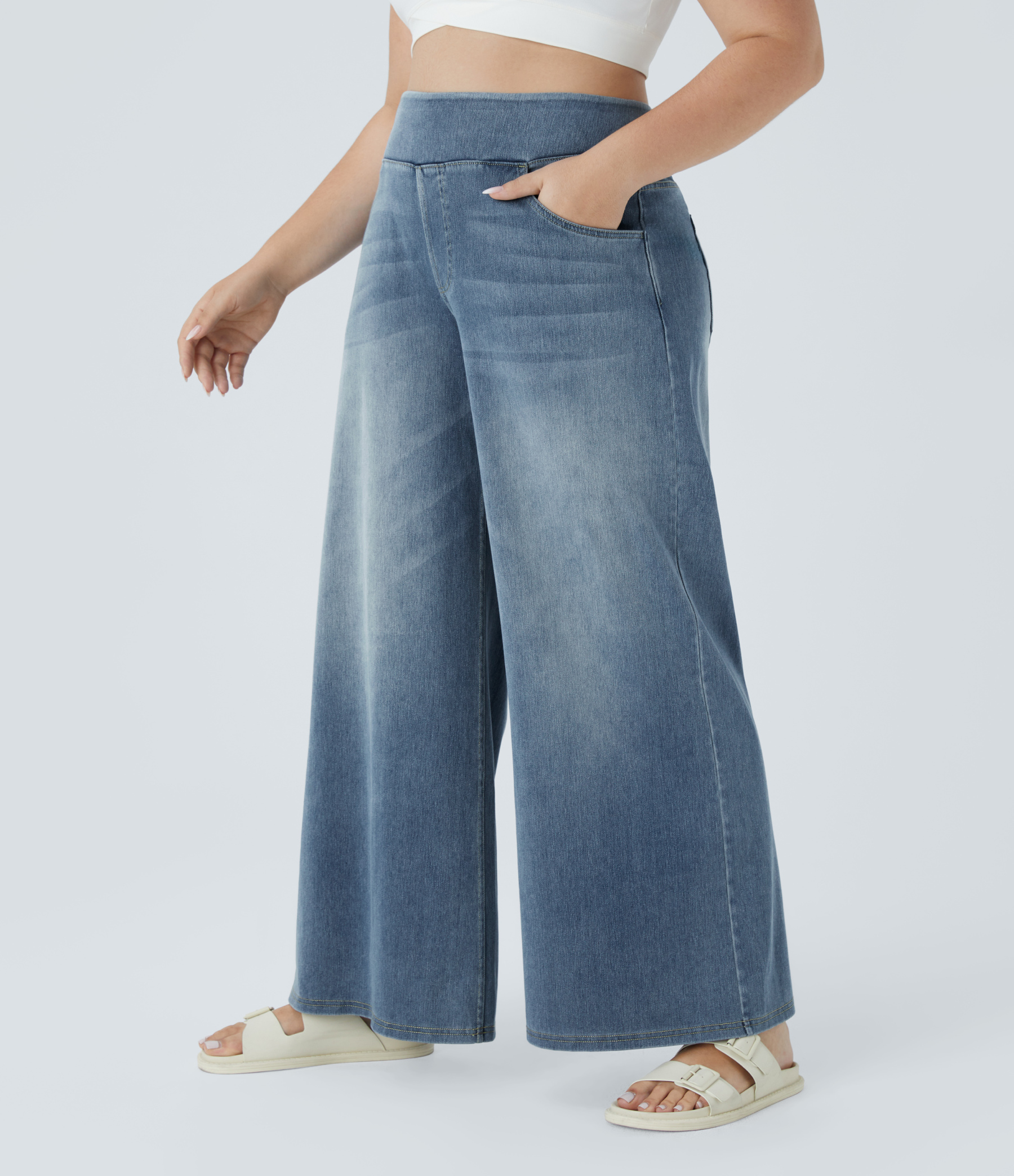FlexHigh Waisted Pockets Baggy Wide Leg Washed Casual Plus Size Jeans