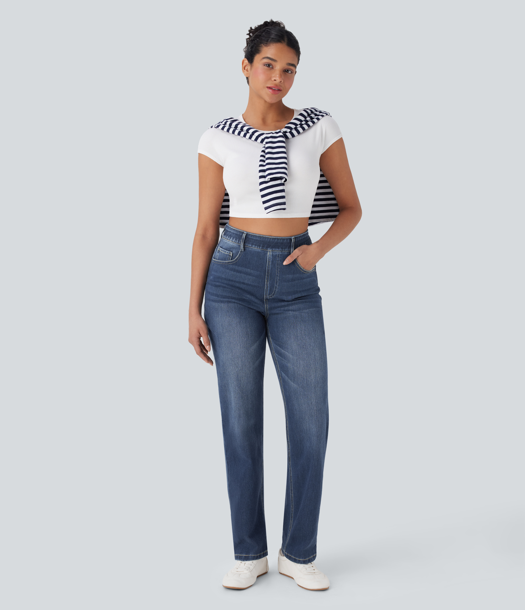 FlexHigh Waisted Pockets Straight Leg Washed Casual Jeans