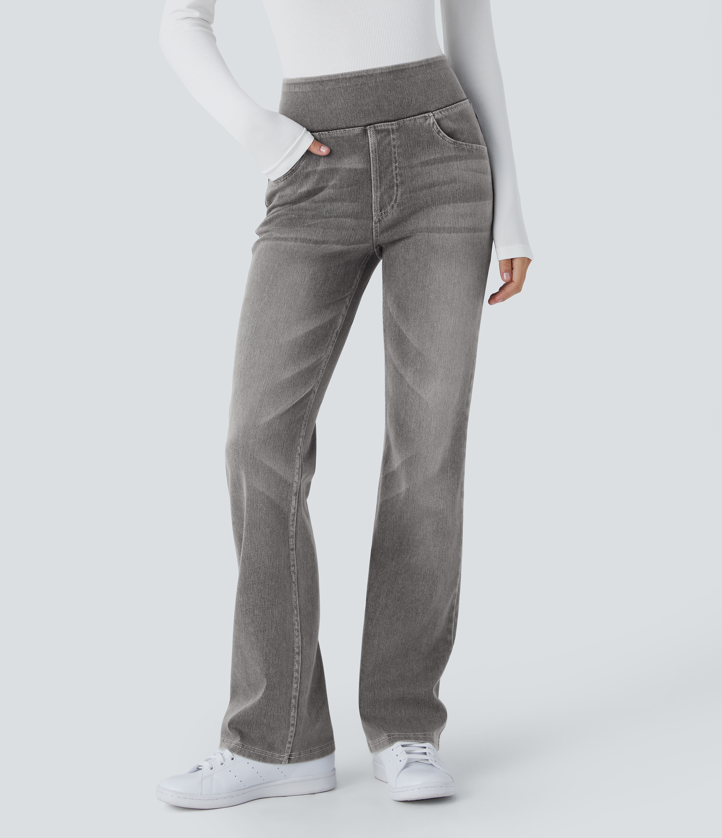 FlexHigh Waisted Pockets Washed Casual Bootcut Jeans