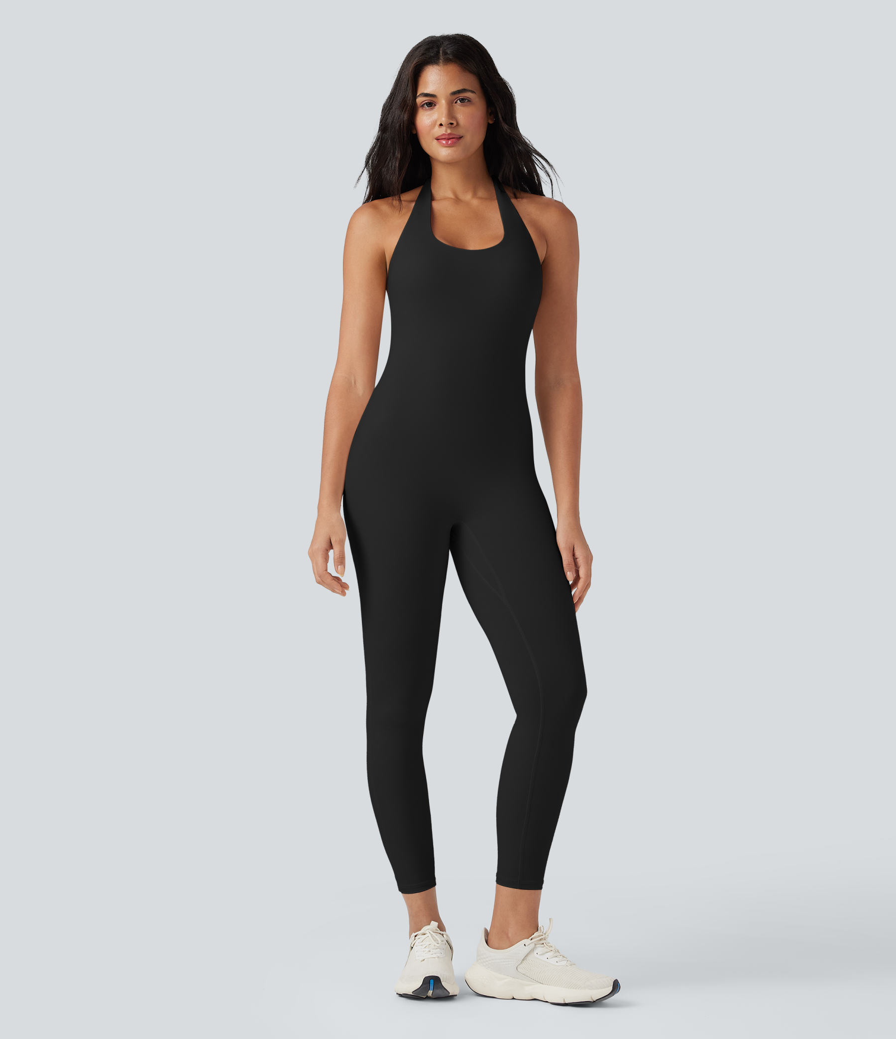 SoftlyZeroAiry Halter Tie Back Cut-out Scrunch Yoga Skinny Jumpsuit