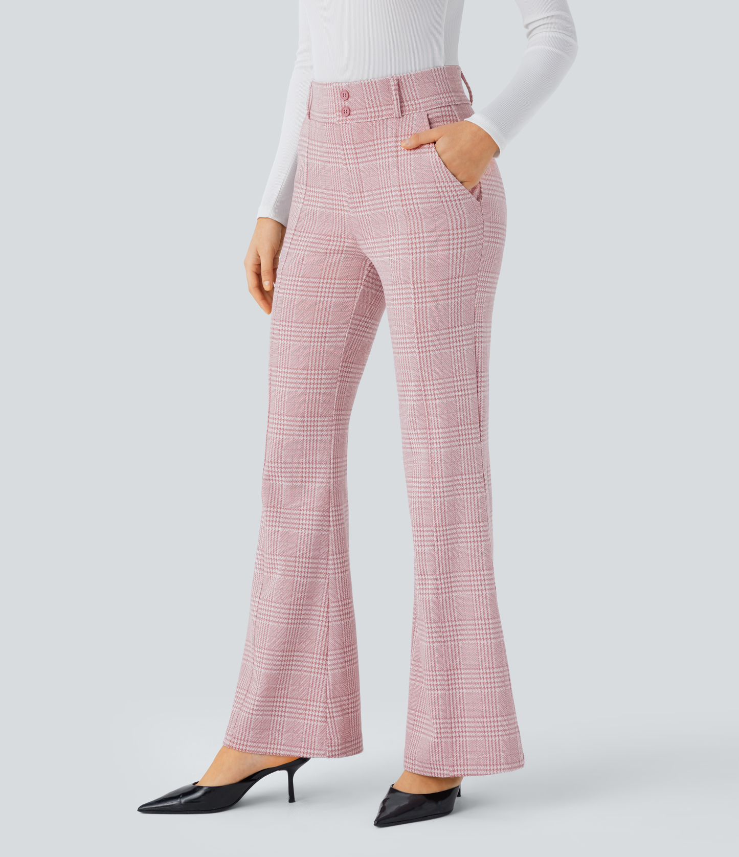 FlexHigh Waisted Decorative Pocket Houndstooth Plaid Work Flare Pants