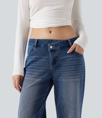 FlexAsymmetric Low Rise Straight Leg Casual Jeans with Pockets