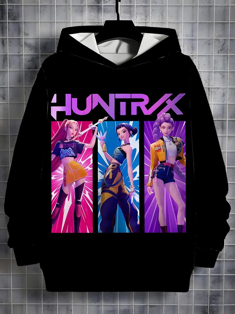 Girls Kpop Demon Hunters Hoodie, Casual Fall Winter Sportswear, Fitted Random Print Design, Durable Outdoor Activities, Christmas Gift