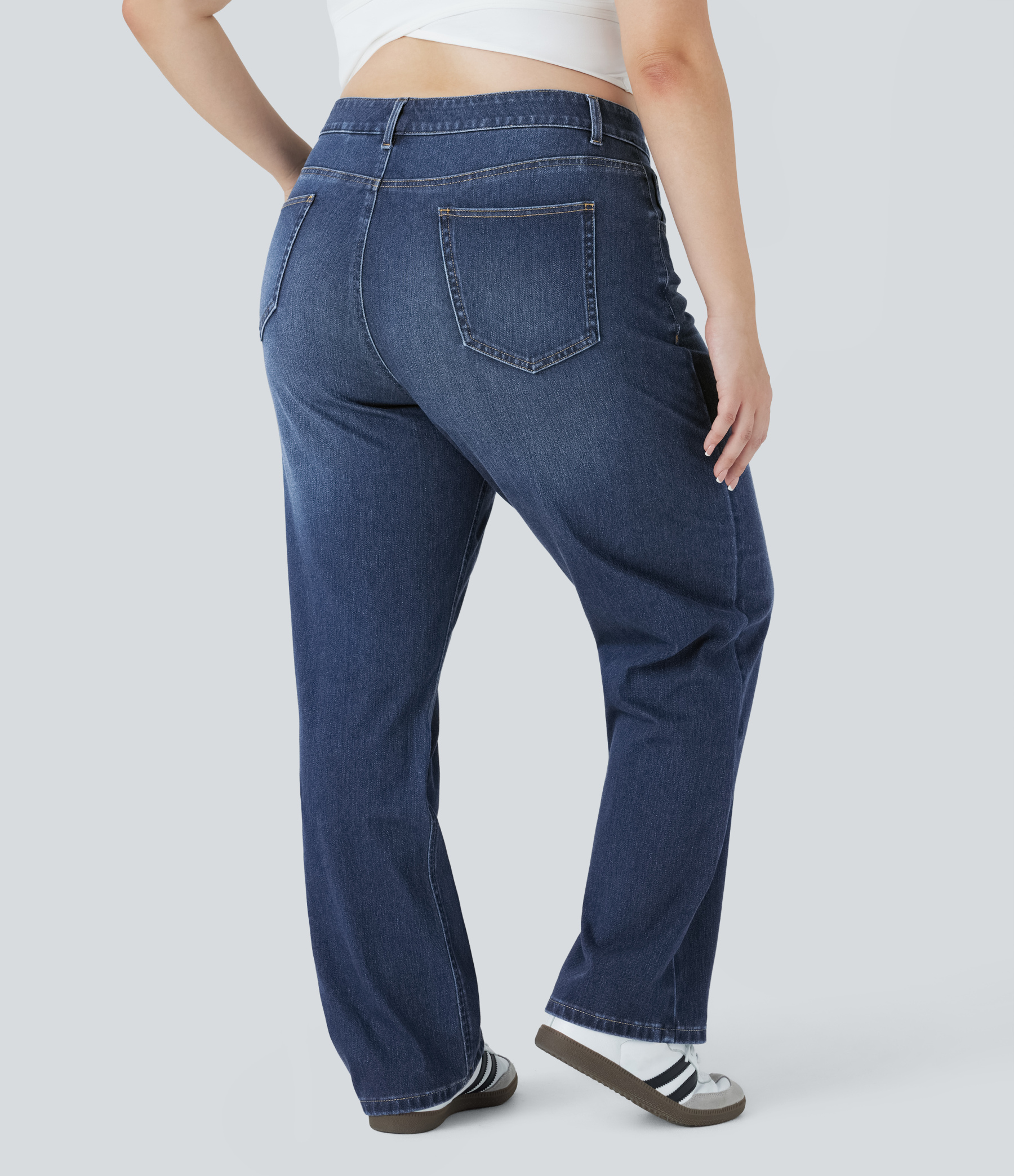 FlexHigh Waisted Pockets Straight Leg Washed Casual Plus Size Jeans