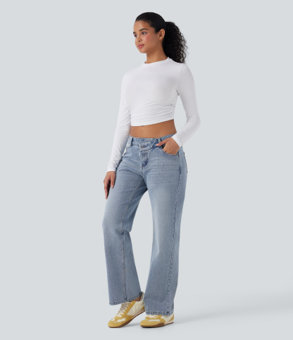 FlexAsymmetric Low Rise Straight Leg Casual Jeans with Pockets