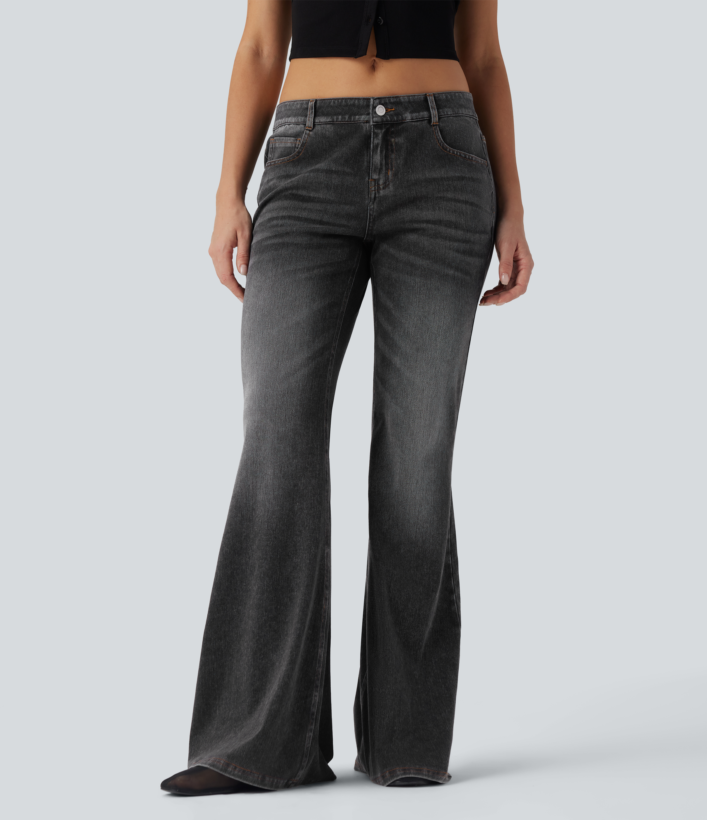 FlexLow Rise Flare Washed Casual Jeans with Pockets