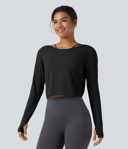 SoftlyZeroQuickDry Backless Twist-back Long Sleeve Thumb Holes 2-in-1 Yoga Sports Top