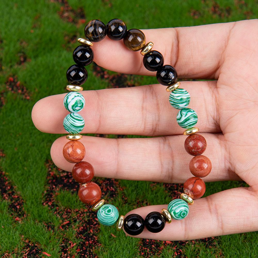 1pc Wealth Attraction Crystal Money Attraction Bracelet With Natural Stones - Malachite, Red Tiger Eye, Redstone, Elastic Fit For Prosperity And Abundance, Ideal Gift For Family And Friends