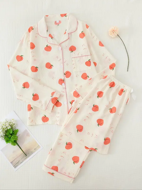 Women's Button Front Blouse & Bow Front Contrast Binding Pants Pyjama Set, Casual Long Sleeve Lapel Top & Trousers, Summer Outfits 2024, Sleepwear for Spring & Fall, National Day Offers
