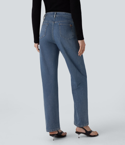 FlexHigh Waisted Zipper Pockets Straight Leg Casual Jeans