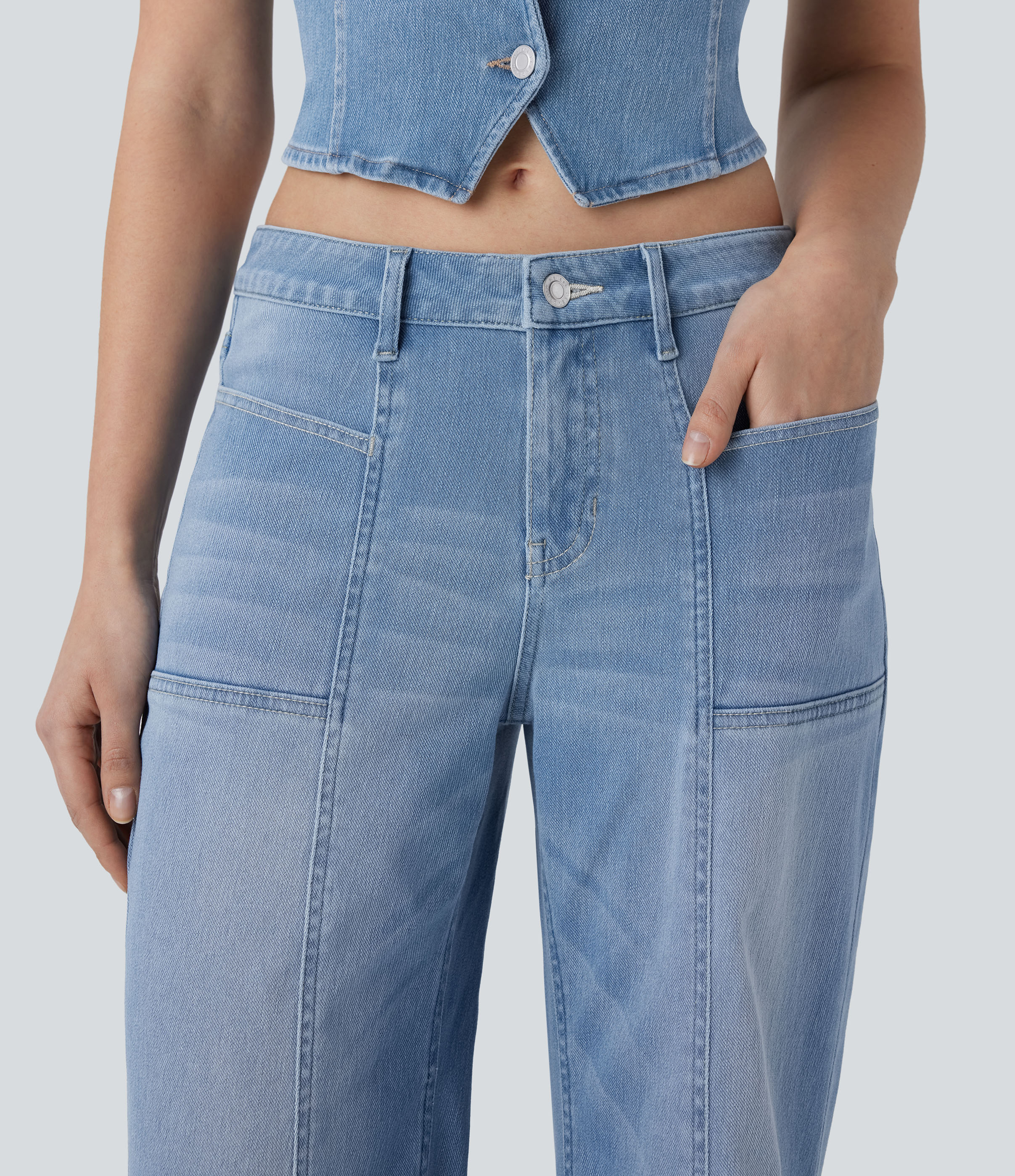 FlexLow Rise Zipper Pockets Baggy Wide Leg Flare Washed Casual Jeans
