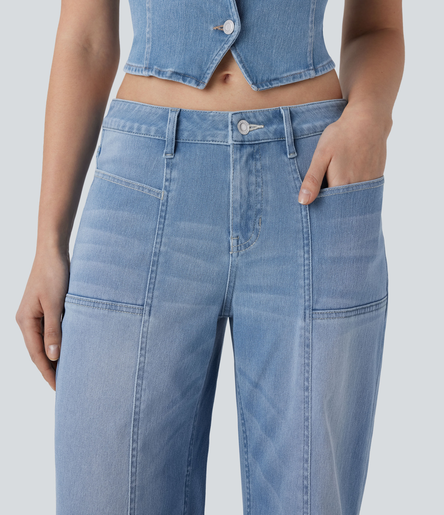 FlexLow Rise Zipper Pockets Baggy Wide Leg Flare Washed Casual Jeans
