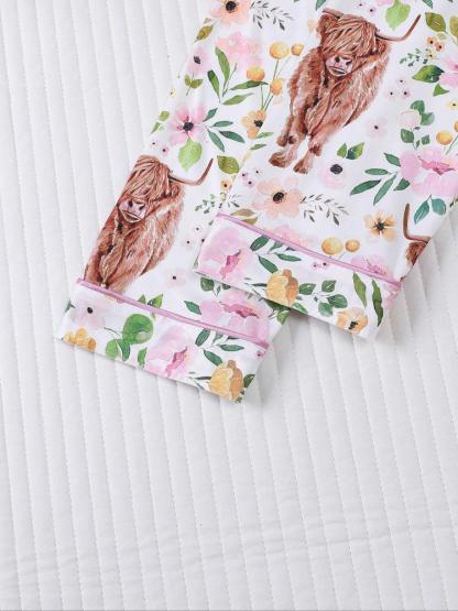 Women's 2-Piece Sleepwear Set, Highland Cow Print, Soft Shirt Collar Top & Elastic Pants, Casual Home Wear for Fall Winter