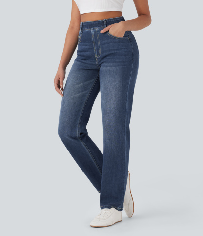 FlexHigh Waisted Pockets Straight Leg Washed Casual Jeans