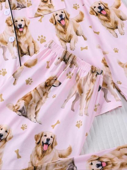 Women's Cute Dog Print Pajama Set, Long Sleeve Shirt Collar Top & Elastic Pants, Casual Fall Winter Sleepwear, Comfortable Home Wear