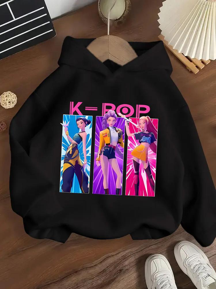 Girls' Kpop Falcon Girl Group Hoodie, Long Sleeve Casual Fitted Sweatshirt, Spring & Fall Fashion, Comfortable Graphic Print Pullover, Graphic Hoodies