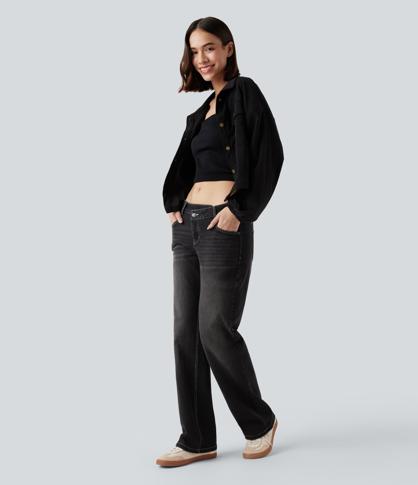 FlexAsymmetric Low Rise Straight Leg Casual Jeans with Pockets